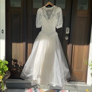 Gunne Sax 80s Puff Sleeve Lace Tulle Wedding Dress Basque Waist Princess Sequin